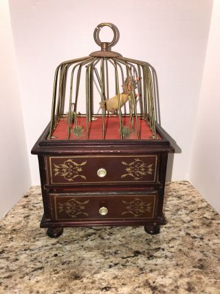 Vintage Singing Bird In Cage Music Jewelry 2 Drawer Box Swings And Plays Fine