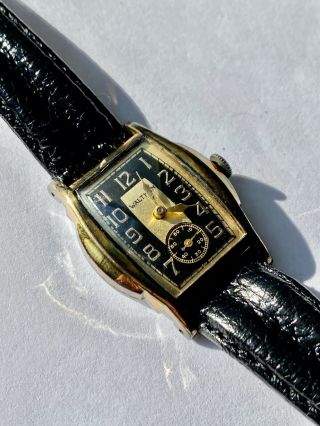 Vintage Waltham 1930’s Art Deco Style Black & Gold Dial Watch