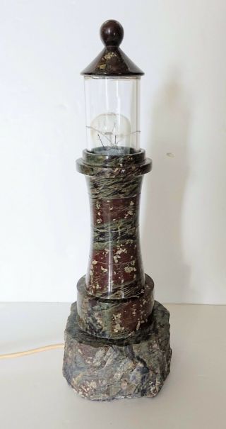Vintage Carved Serpentine Stone Lighthouse Table Lamp