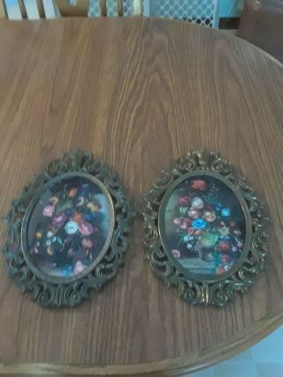2 Vintage Metal Ornate Convex Glass Picture Frames Made In Italy