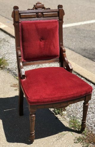 Antique Carved Burgundy Crimson Red Mission Style Oak Sitting Room Chair