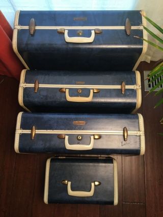 Vintage Shwayder Bros Samsonite Luggage Suitcase Set Blue/bone Marble 4pc
