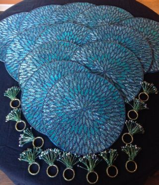 Set Of 12 Vintage Beaded Placemats And Napkin Rings Peacock Colors