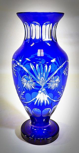13 3/4 Vintage Czech Bohemian Cobalt Blue Cut To Clear Crystal Cut Glass Vase