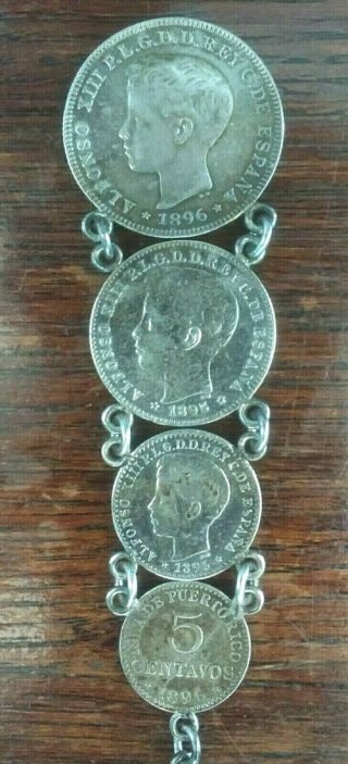 Vintage Puerto Rico 1896 Spain Provincial 40/20/10/5 Centavo 4 Coins Bracelet