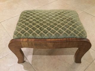 Antique Tiger Maple Wooden Footstool With Fabric Upholstery