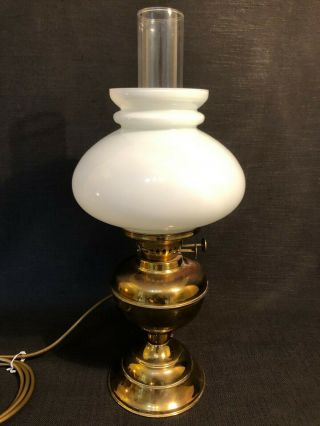 Vintage Brass Oil Lamp With Milk Shade & Glass Chimney Converted To Electric