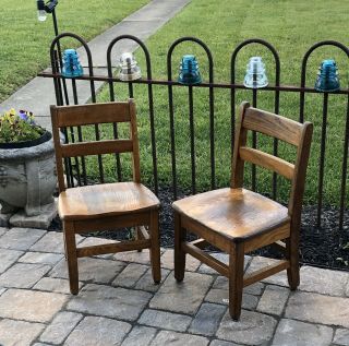 Two (2) Vintage Oak Childs School Library Church Chairs 12” Seat Ht.  24” Total