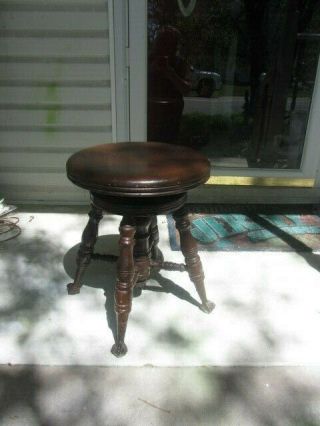 Antique Vintage Piano Stool With Glass Claw Feet,  Dark Wood