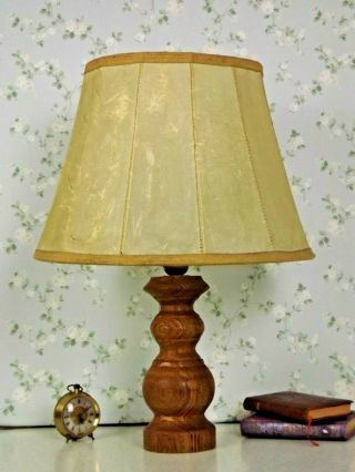 Large Vintage French Country Turned Wood Table Lamp With Hide Skin Shade 1786