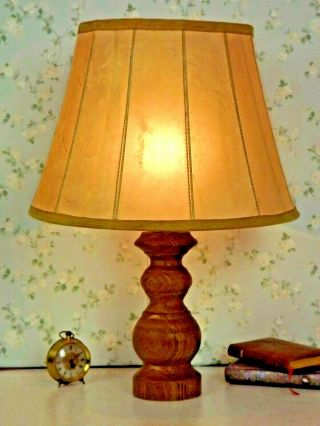 Large Vintage French Country Turned Wood Table Lamp With Hide Skin Shade 1786 2
