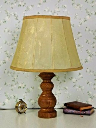 Large Vintage French Country Turned Wood Table Lamp With Hide Skin Shade 1786 3