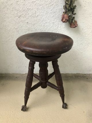 Vintage Antique A.  Merriam Co Piano Stool Swivel Claw Glass Feet Seat Bench