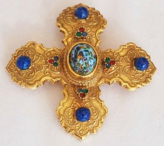 Accessocraft Nyc Rhinestone Millefiori Maltese Cross Brooch Pendant Necklace Vtg