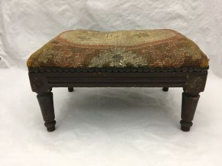 Antique Victorian Footstool W Needlepoint Seat