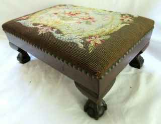 Antique Victorian Mahogany Ball Claw Needlepoint Foot Stool Ottoman Country