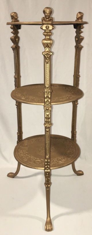 Antique Victorian Gilt Painted Brass Three Tier Plant Stand Lady Heads Paw Feet