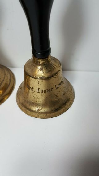 Set Of 2 Antique Vintage Brass School Bells Teachers Name On One 2