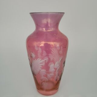 Vintage Cranberry Glass Vase Etched Leaves Design 5.  5 Inch Pink