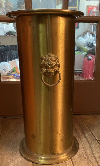 Antique Vintage Solid Brass Umbrella Stick Stand With Brass Lion Head Handles
