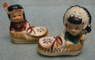 Vintage Indian Boy & Girl Sitting In Moccasins Salt & Pepper Shakers Japan -