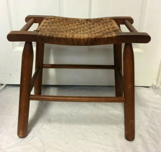 Antique Vintage Wicker Top Solid Wood Foot Stool Bench Seat