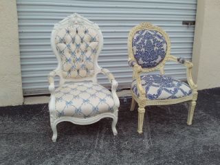 Vintage Shabby Chic Hollywood Regency White & Blue Upholstery Arm Chairs