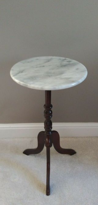 Vintage Mid Century Ornate Pedestal Marble Top Table Plant Stand Wooden Base