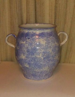 Vintage Spongeware Bear Pottery Blue White Stoneware Large 11.  5 " Vase