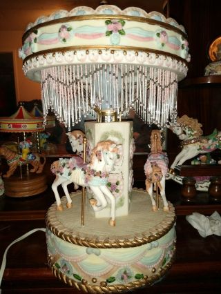 3 Horse Carousel Lamp With Many Roses,  Beads All Around Top Of Lamp.  All Glass
