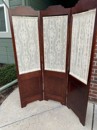 Victorian Folding Lace And Cherry Wood Screen Room Divider