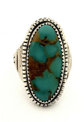 Les Baker Shop Vintage Navajo High - Grade Turquoise Sterling Silver Ring Size 8