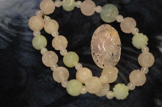 Vintage Chinese Shou Carved Rose Quartz And Jade Bead Silver Choker Necklace