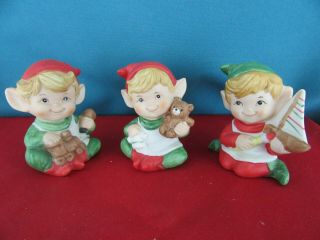 Homco Porcelain Set Of 3 Christmas Elf Figurines No.  5253 - Boat,  Train,  Bear