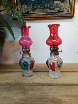 Vintage Colored Glass Finger Oil Lamps Pair Cranberry Shades