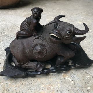 Vintage Chinese Wood Statue Of A Man And Boy On A Water Buffalo/ox