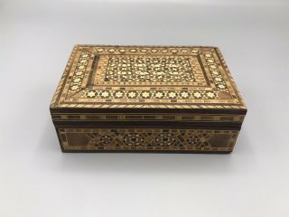 Vtg Hand Crafted Wood Hinged Trinket Box Intricate Mosaic Inlay Design
