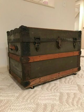 Flat Top Steamer Trunk Antique Vintage Treasure Chest With Removable Drawer