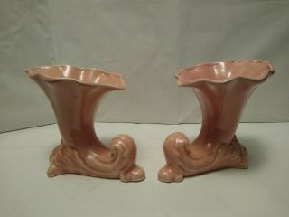 2 Vtg Pottery Cornucopia Vases Horn Of Plenty Pink 5 1/2 " T