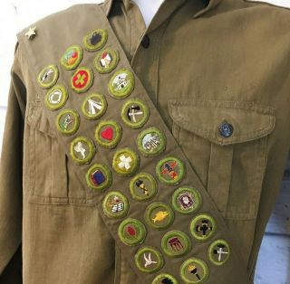 Vintage 40s Boy Scout Uniform Shirt Metal Buttons Explorer Sash 28 Merit Badges