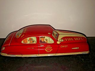 2) Antique/vintage 1950’s Marx Tin Friction Toy Fire Chief/department Car 11”