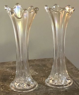 2 Vintage Carnival Depression Swung Glass Iridescent Style 7.  5” Vases Bud Vase