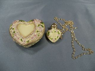 Jeweled Enameled Heart Shaped Trinket Box W/ Matching Necklace - Marked Tr