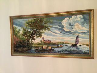 Large Framed Vintage Completed Needlepoint Canvas Art Tapestry 47x24 "