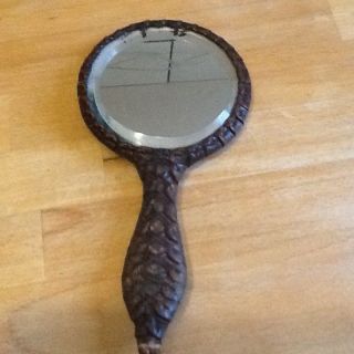 Old Leatherwork Hand Mirror With A Tiger On,  Maybe By Georg Hulbe
