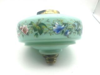 Victorian Pale Green Glass Oil Lamp Font With Hand Painted Flowers