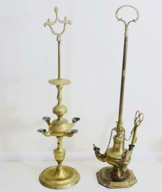2 X Antique Brass / Bronze Lucerne Whale Oil Lamps Lamps One With Tools