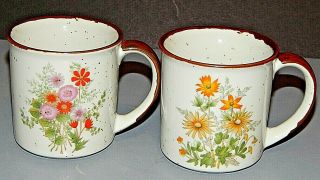 Vintage Otagiri? Set Of 2 Mugs/cups Japan Speckled Stoneware Yellow Red Flowers
