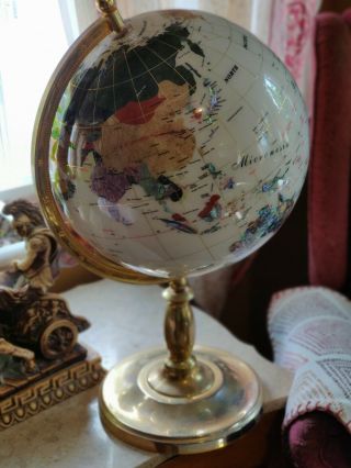 Vintage Multi Semi Precious Gemstone World Globe Brass Stand