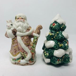 Fitz And Floyd Snowy Woods Salt & Pepper Shakers Santa And Tree Bunny